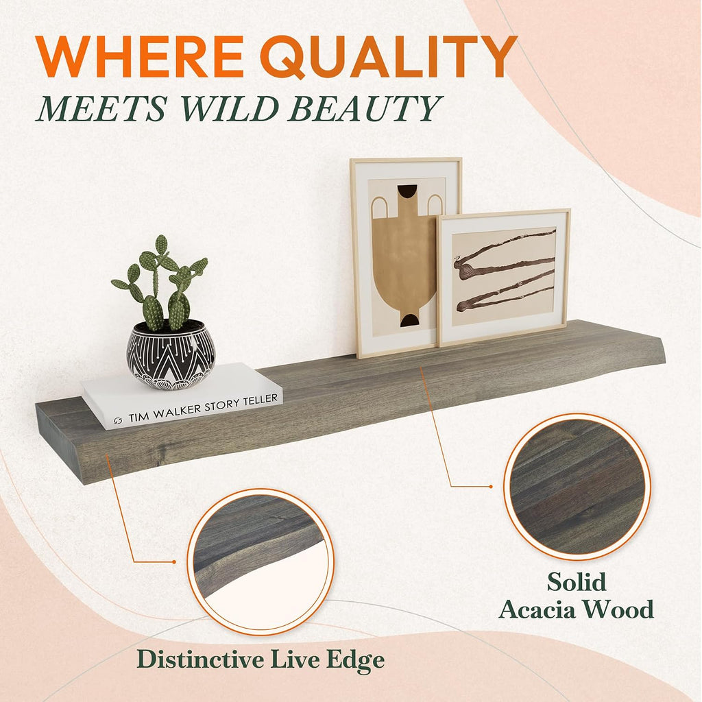 24'' Live Edge Floating Shelves for Wall, Acacia Wood Wall Mounted Shelves with Invisible Brackets, Rustic Wooden
