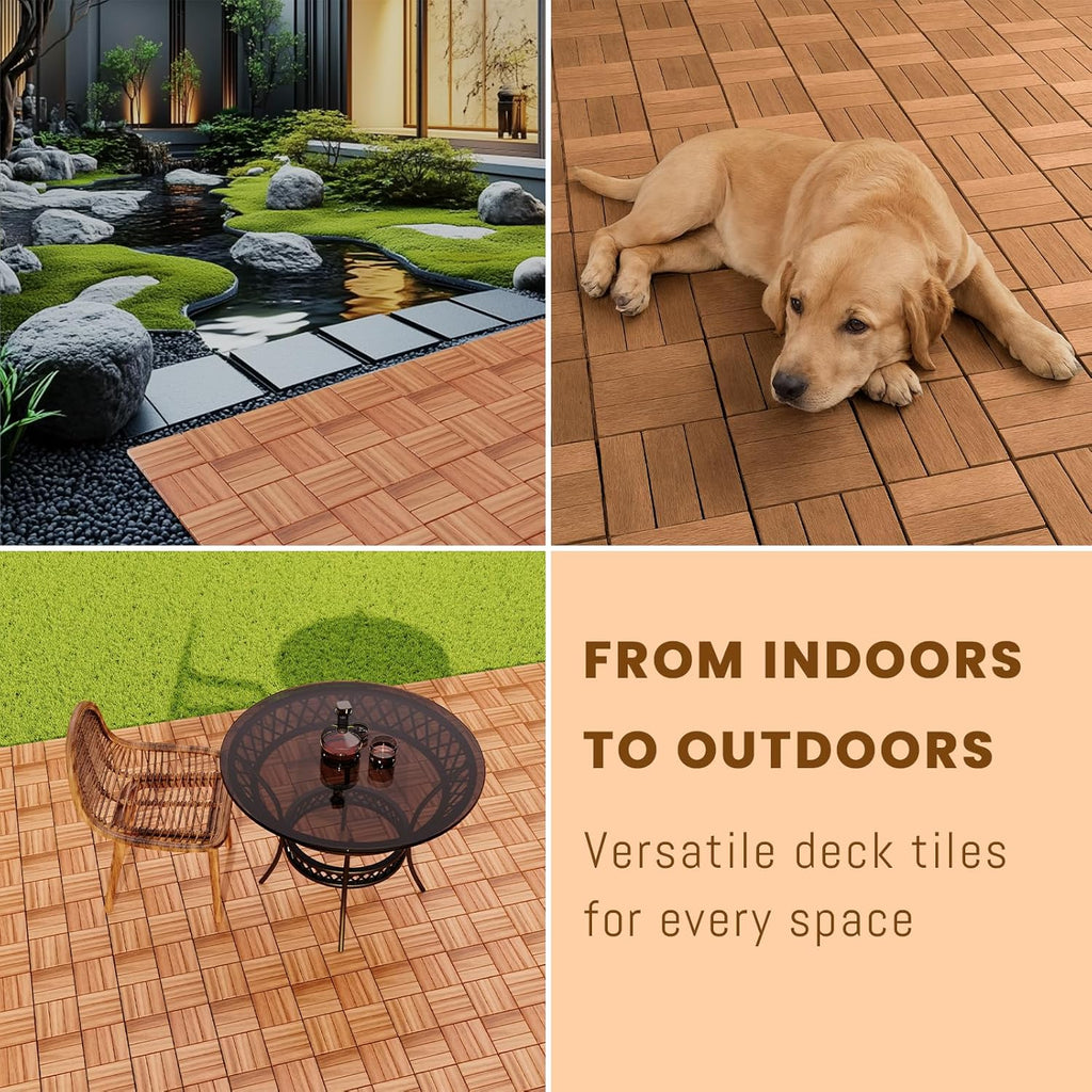 Acacia Wood Deck Tiles, 12" x 12" Interlocking Outdoor Flooring for Patio, Balcony, Backyard & Garden, Natural Wood