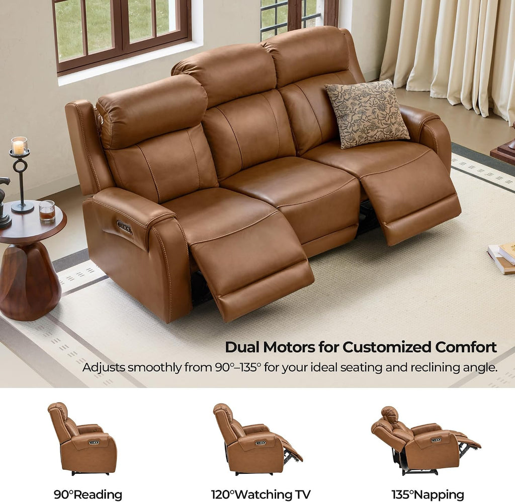 Genuine Leather Power Recliner Sofa, Wall Hugger Reclining Loveseat with Power Headrest, Dual Motor, USB Charging