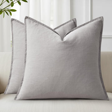 Summer Decorative Linen Throw Pillow Covers 18x18 Inch Set of 2 Light Grey Pillow Covers with Flange Edges Soft