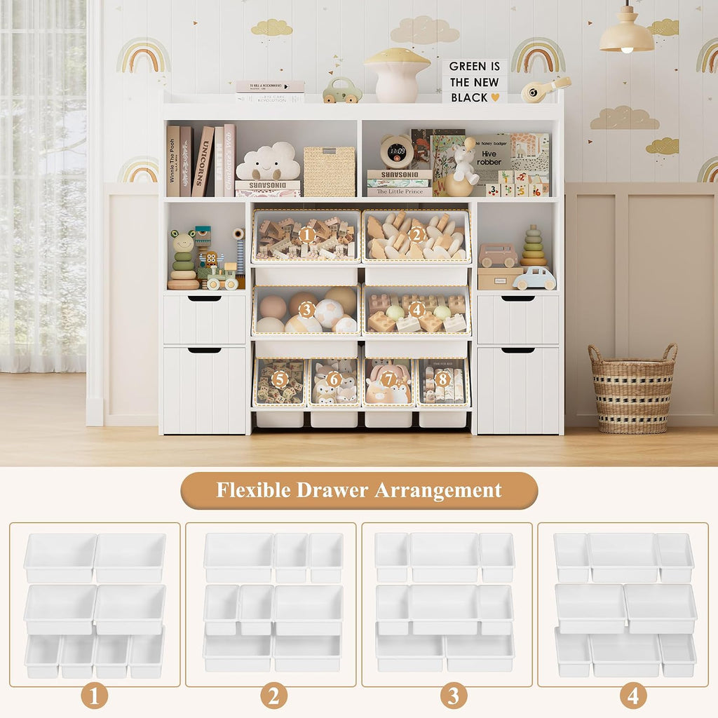 55" W Toy Storage Organizer, Large Kids Bookshelf, Toy Box, White | 8 Plastic Storage Bins / 2 Removable Toy Storage