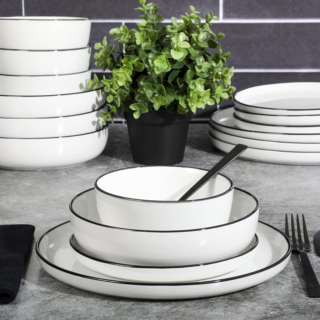 Oslo 16-Piece Porcelain Dinnerware Set, Service for 4 - White Plates with Black Rim, Microwave & Dishwasher Safe