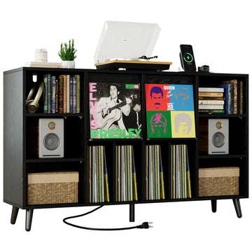 Record Player Stand with Charging Station, 55" Holds 450+ Albums