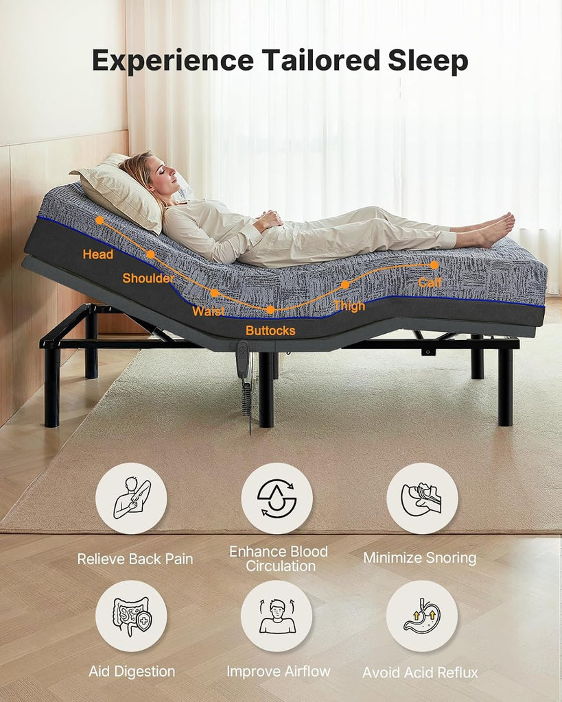 Amada Queen Adjustable Bed Frame with Head and Foot Incline, Quiet Motor