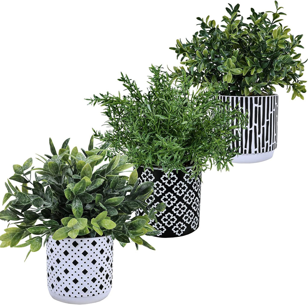 3-Pack Artificial Potted Plants - Faux Eucalyptus, Rosemary, Boxwood Greenery in Small Black & White Geometric