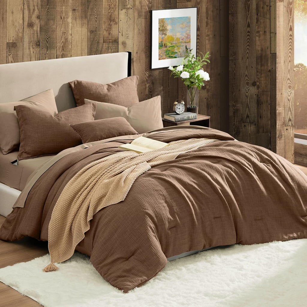 King Comforter Set - 7 Pieces Brown Bedding Set Textured Bed in a Bag - Set of 7