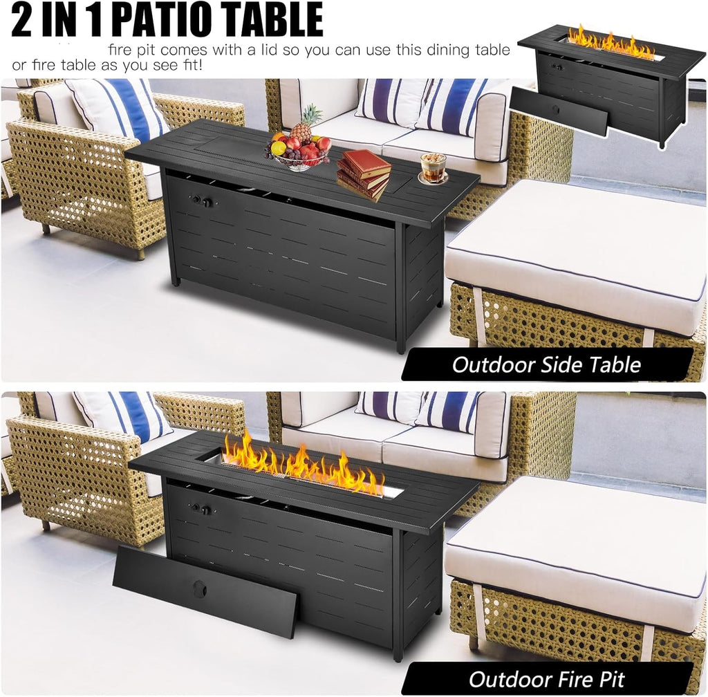 57 inch Propane Fire Pit Table,50000 BTU Gas Fire Pits Table with Lid & Lava Rock & Waterproof Cover