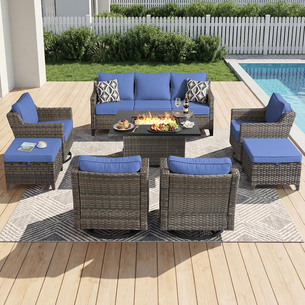 Luxury Patio Furniture Sofa Set - 8 Pieces All Weather Wicker Outdoor Couch and High Back Swivel Rocker Patio Chairs