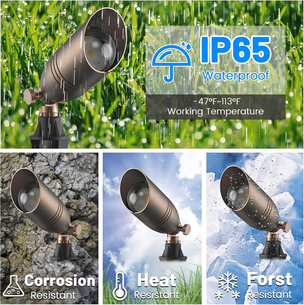 12V Low Voltage Brass Landscape Spot Lights, Waterproof LED Uplights & Accent Lighting with Connectors, Heavy Duty