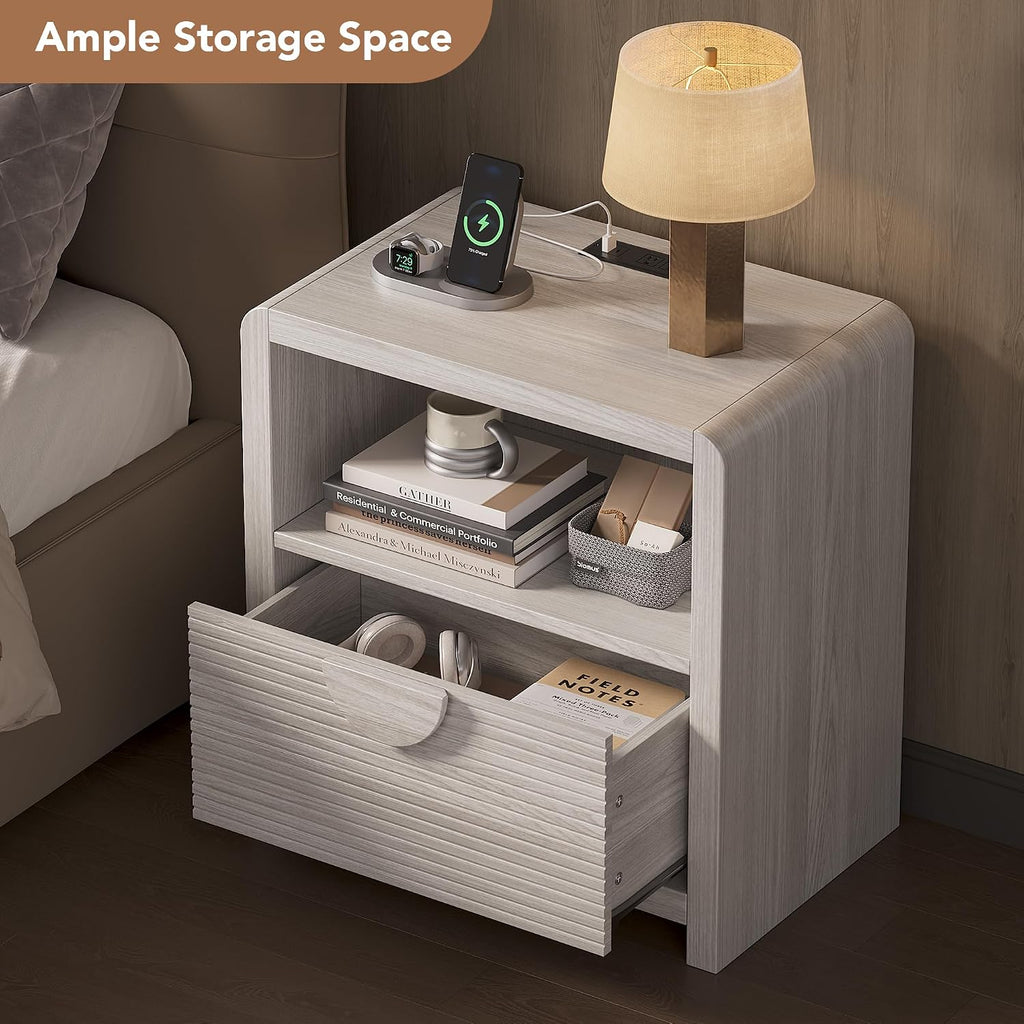 Fluted Nightstands Set of 2 with Charging Station, 23" Wide Wood Bedside Tables with Drawer and Open Compartment, Mid