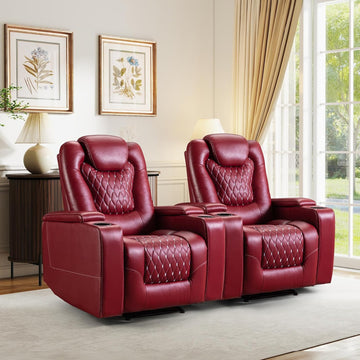 Power Recliner Chair with USB Ports and Cup Holders - Overstuffed Electric Home Theater Seating PU Leather Reclining Furniture with Hidden Arm Storage, Easy to Clean (Set of 2, Red)