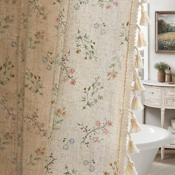 Floral Farmhouse Vintage Linen Shower Curtain, French Country Spring Shower Curtains with Tassels, 72Wx72H