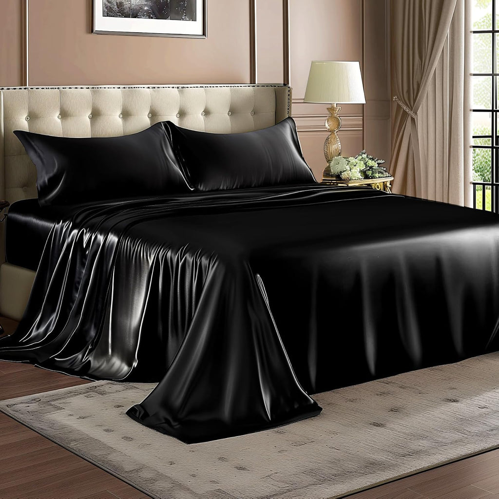 Satin Sheets Bed Set, Luxury Soft Black Silky Sheets for Hair and Skin, Similar to Silk Bed Sheets Set 4 Pieces