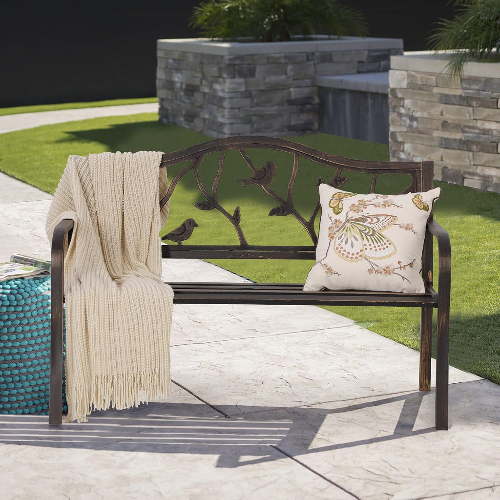 50 Inches Outdoor Bench and Park, Bird Bronze | Cast Iron Metal Garden Benches for Outdoors, Front Porch Bench with