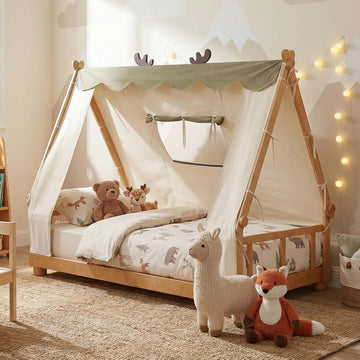 Twin Floor Bed for Kids, House Wood Bed Frame with Tent, Window, Fence Guard Rails, & Wooden Slat Support, No Box