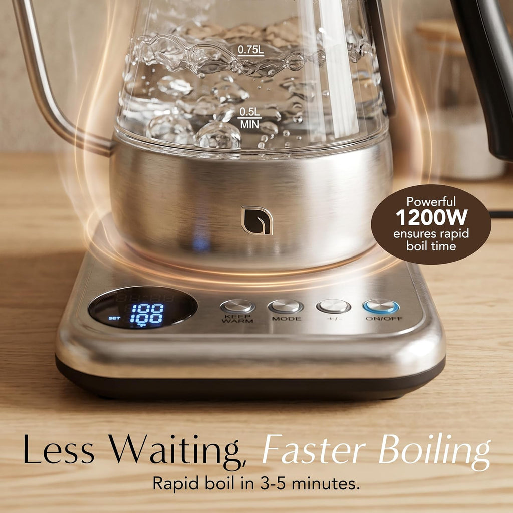 Glass Gooseneck Electric Kettle, 5 Temperature Control Presets & Keep Warm, Pour Over Kettle for Coffee & Tea, 1L
