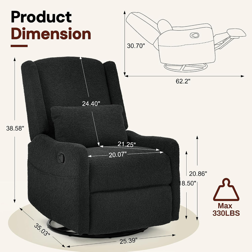 Glider Recliner Rocking Chair, 360° Swivel Boucle Nursery Chair, Comfy Upholstered Recliner,Black