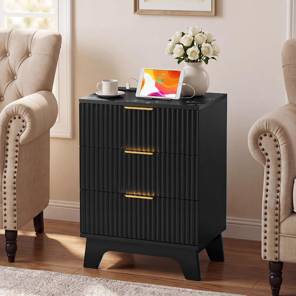 Black Fluted Nightstand Set of 2 with Charging Station, 3 Drawer Small Bedside Table, Faux Marble Top, 2 AC & Dual