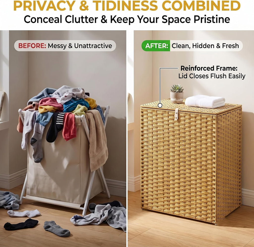 110L Extra Large Divided Laundry Hamper with Lid, 2 Section Collapsible Dirty Clothes Basket, Dual Removable Liner