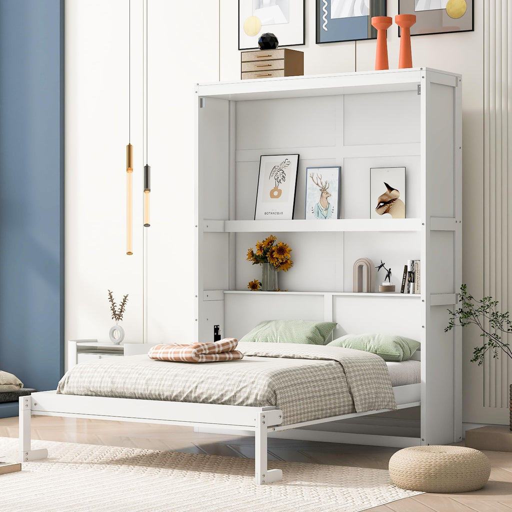 Full Murphy Bed with Shelves, Space-Saving Sleeping Solution, White