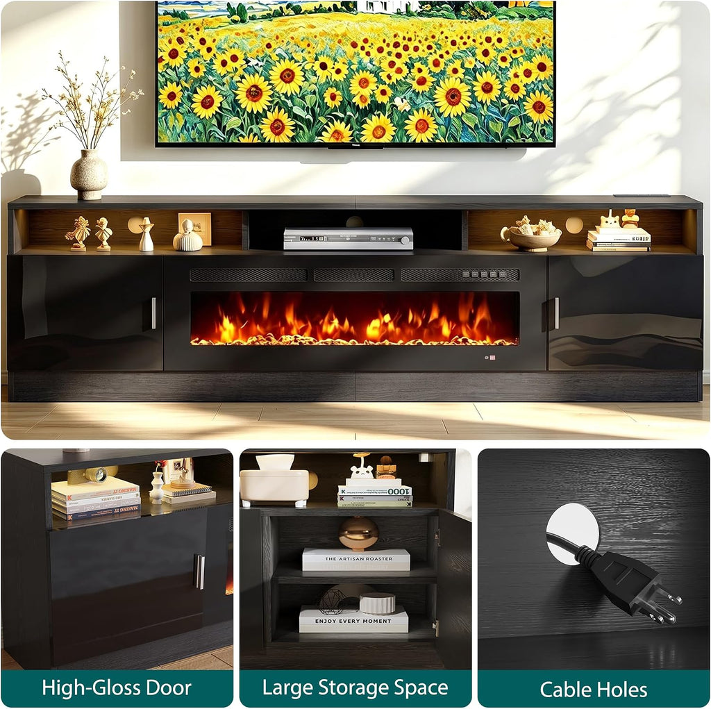 80" Fireplace TV Stand with Power Outlet for TVs UP to 90", Electric Fireplace Entertainment Center with LED Lights & Storage Cabinets, TV Console for Living Room, Office, Black-Black