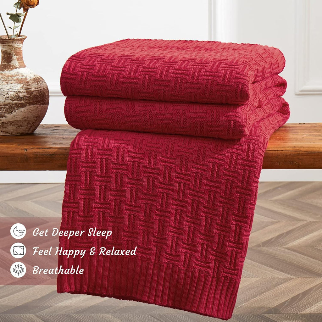 100% Cotton Knitted Throw Blanket Couch Cover Blanket(31 x 40 Inches, Red)
