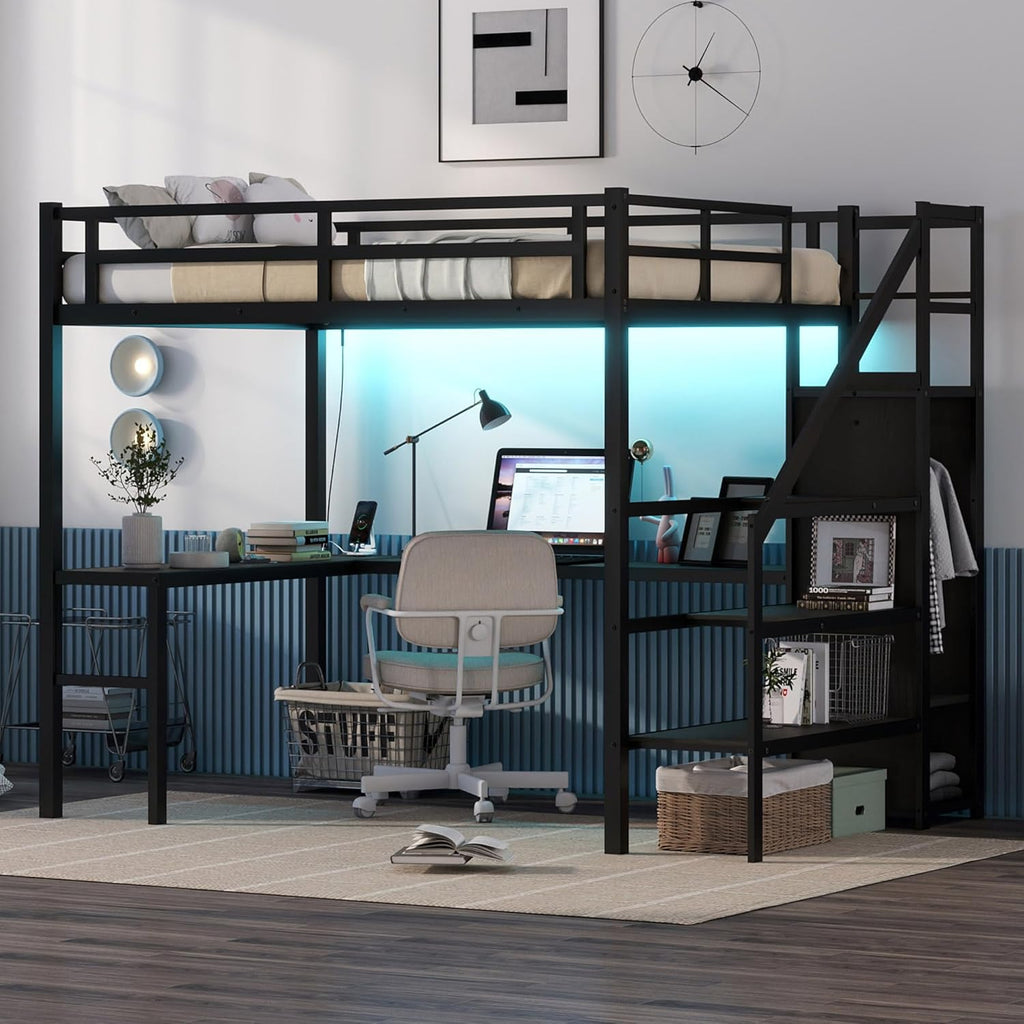Metal Full Loft Bed with Desk and Wardrobe,Heavy Duty Loft Bed Frame with Storage Stairs,LED Lights and Charging
