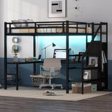 Metal Full Loft Bed with Desk and Wardrobe,Heavy Duty Loft Bed Frame with Storage Stairs,LED Lights and Charging