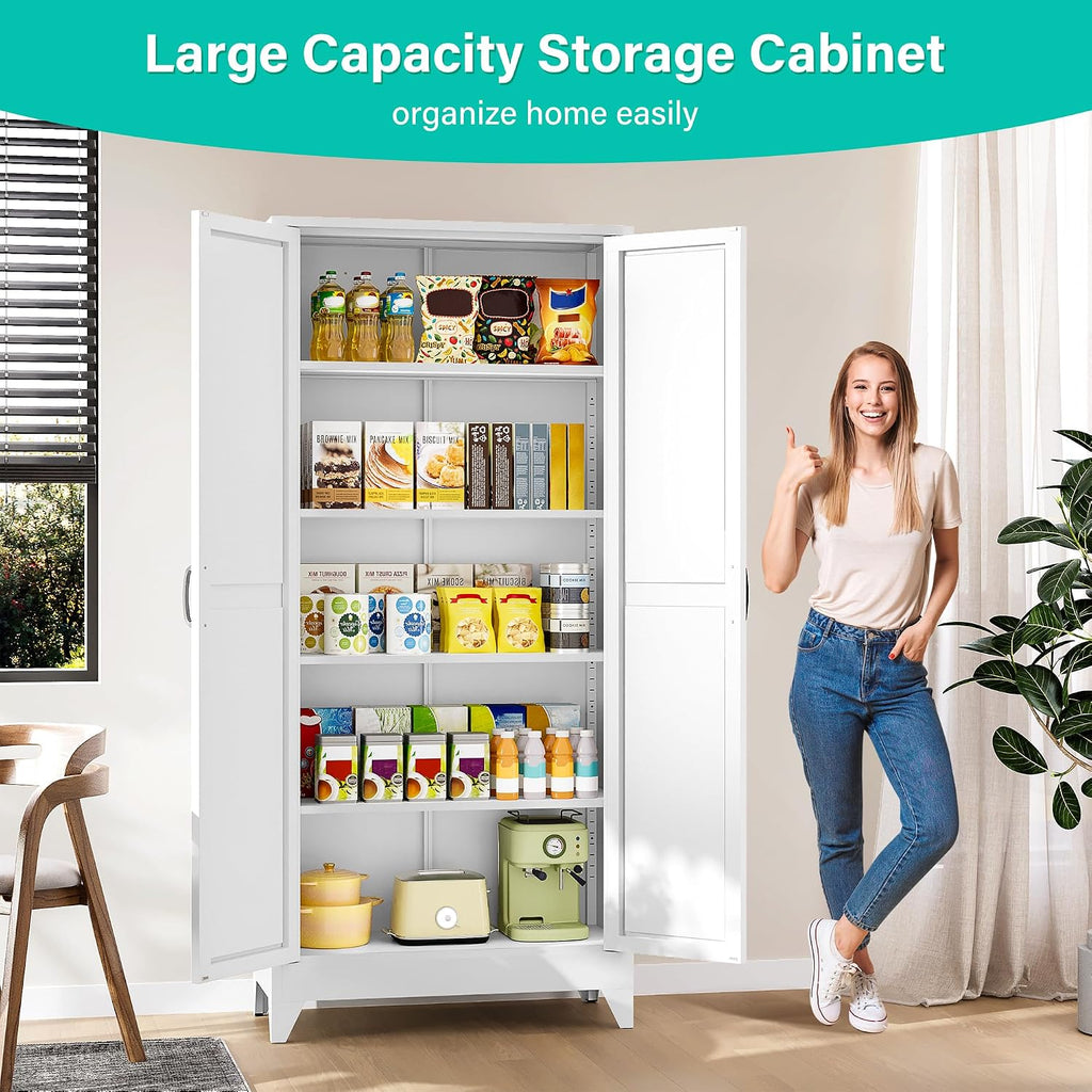 75" Tall Pantry Cabinet,Farmhouse Kitchen Pantry Storage Cabinets with 2 Doors and 5 Shelves,White Metal Storage