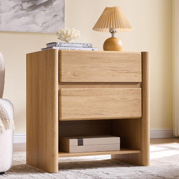 25" Tall Modern Nightstand with Charging Station, 23.6" W Night Stand with 2 Storage Drawers & Open Shelf, Wood