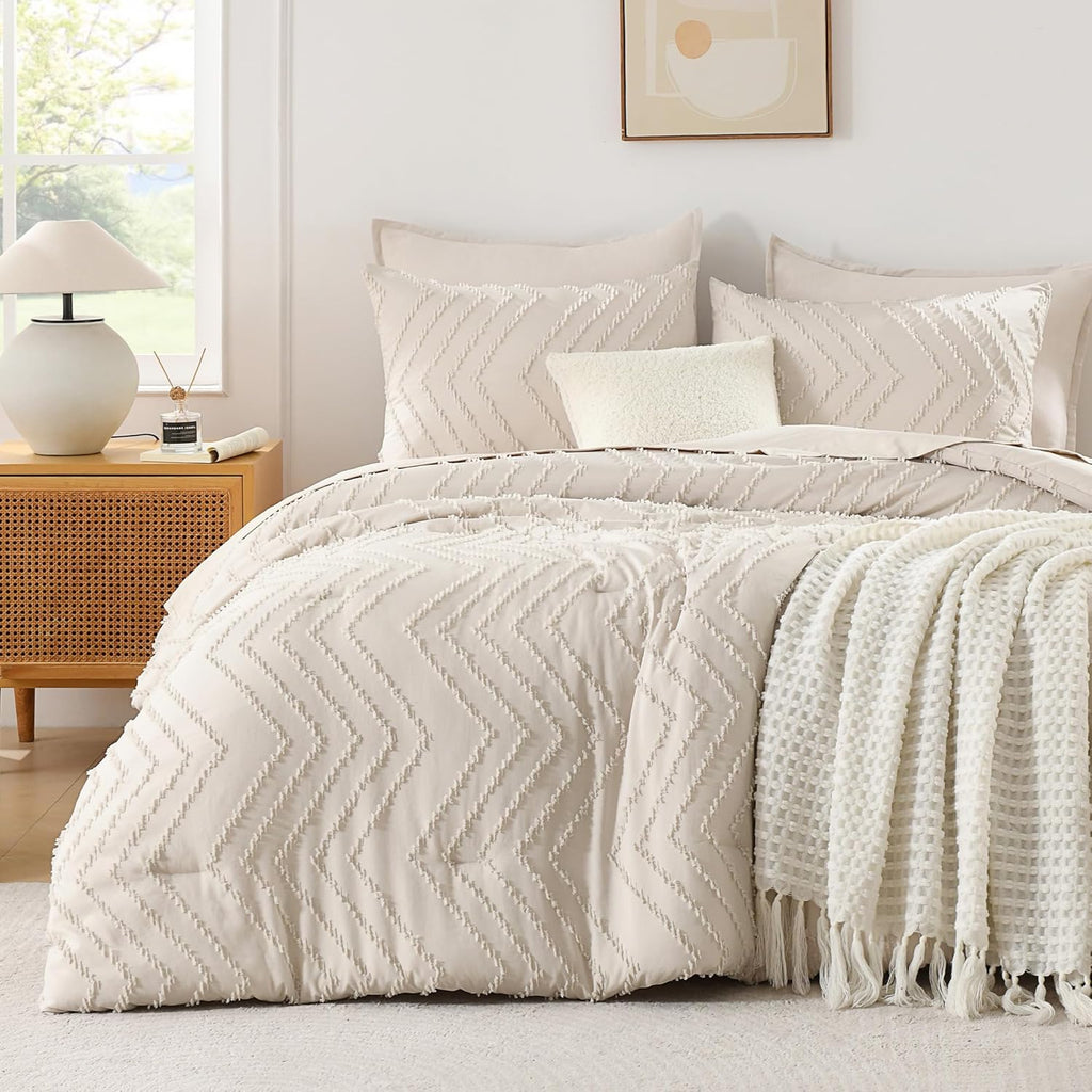 Comforter Full Set, 3 Pieces Beige Boho Soft Cream Bedding Set - Set of 3
