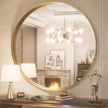 Round Gold Mirror 36 Inch Round Bathroom Mirror for Wall with Non-Rusting Aluminum Alloy Brushed Gold Matte Metal
