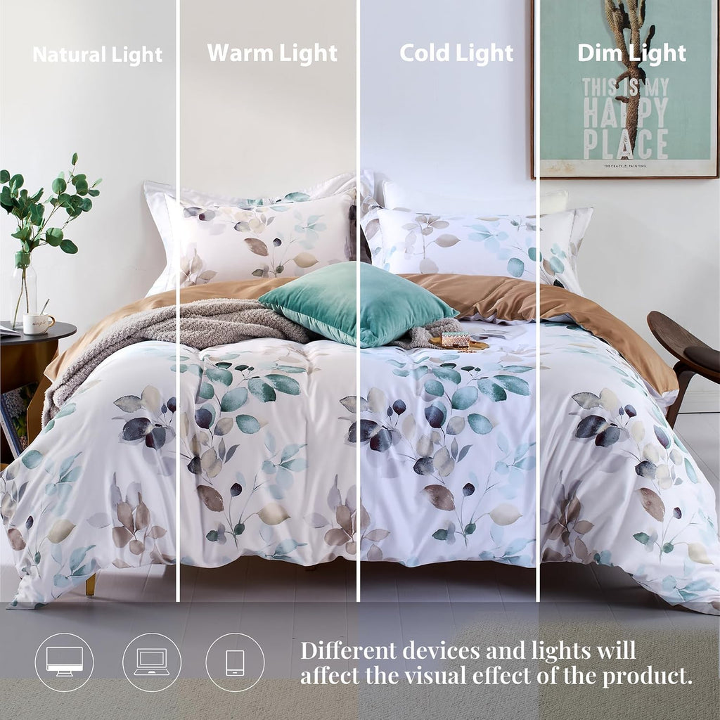 Floral Duvet Cover Set - 100% Long-Staple Cotton Green Leaves Pattern Printed Comforter Cover 3pcs Soft Breathable