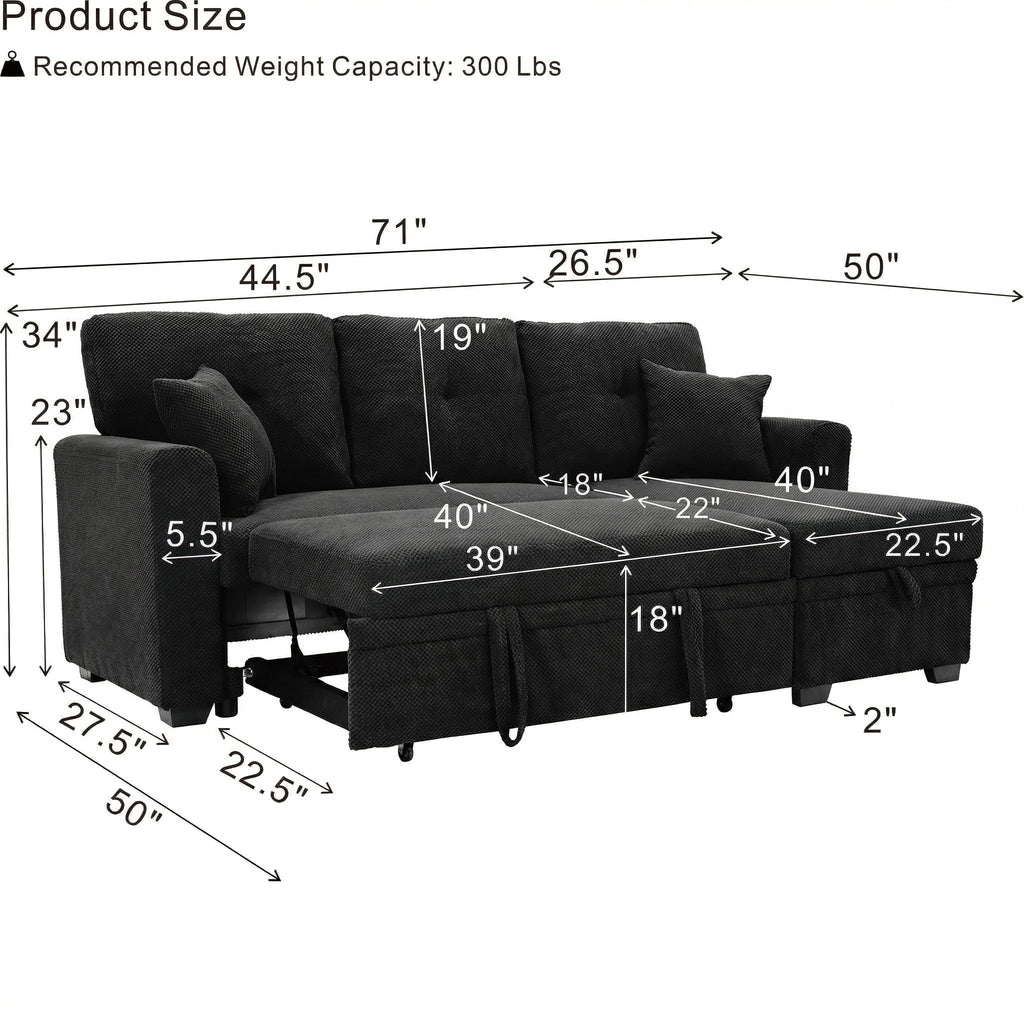 71" Sleeper L Shaped Sofa with Pull Out Bed, 3 Seater Sectional Sleeper Sofa with Reversible Chaise, Modular