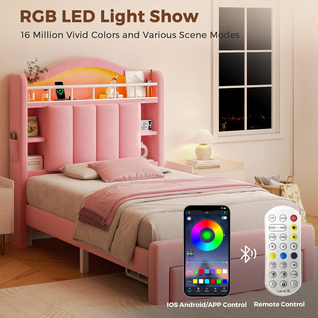 Twin LED Bed Frame with Storage Headboard & 2 Storage Drawers, Princess Velvet Upholstered Bed with Vertical Tufted