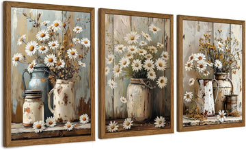 3 Piece Vintage Floral Pictures Canvas Wall Art Nature Themed Daisy Artwork Prints Elegant Farmhouse Wall Decor