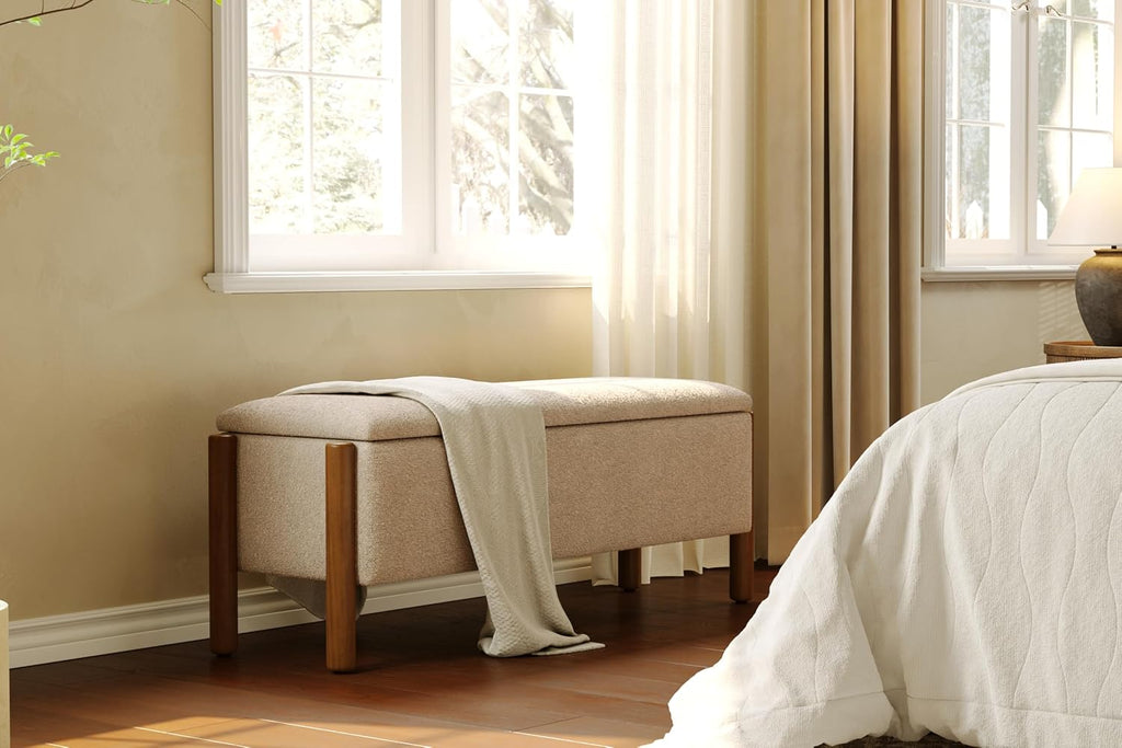 Modern Storage Benches with Walnut Wood Legs, 47'' Ottoman Bench with 20 Gallons Storage Space End of Bed, Fabric