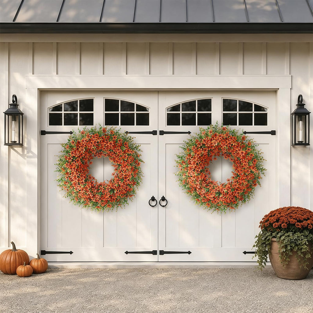 32" Large Artificial Eucalyptus Silk Flower Wreath for Outdoor(Fall Orange)