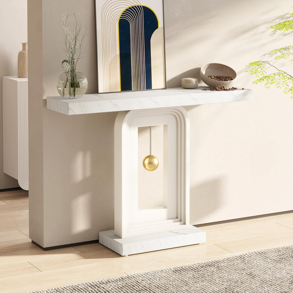 Modern Console Table, 40 Inches Faux Marble Sofa Table, Contemporary Entryway Table with Pendulum Shape Base Hallway
