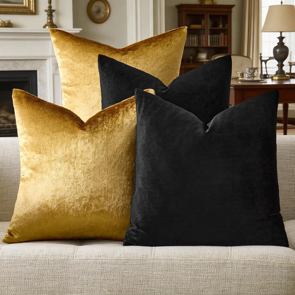 Decorative Throw Pillow Covers 18 x 18,Gold Black Soft, Set of 4 Square Velvet Cushion Covers