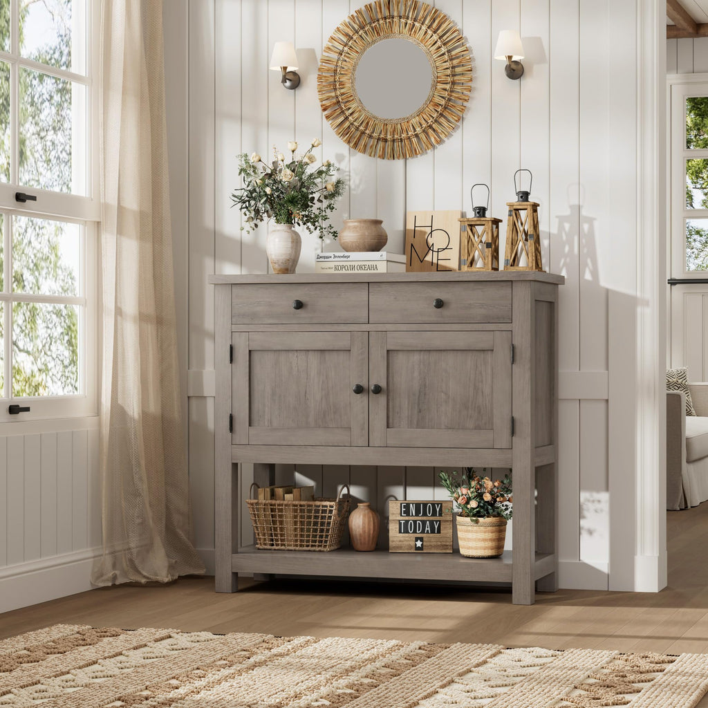 Farmhouse Console Table with Storage, 35"W Entryway Table, Ash Gray