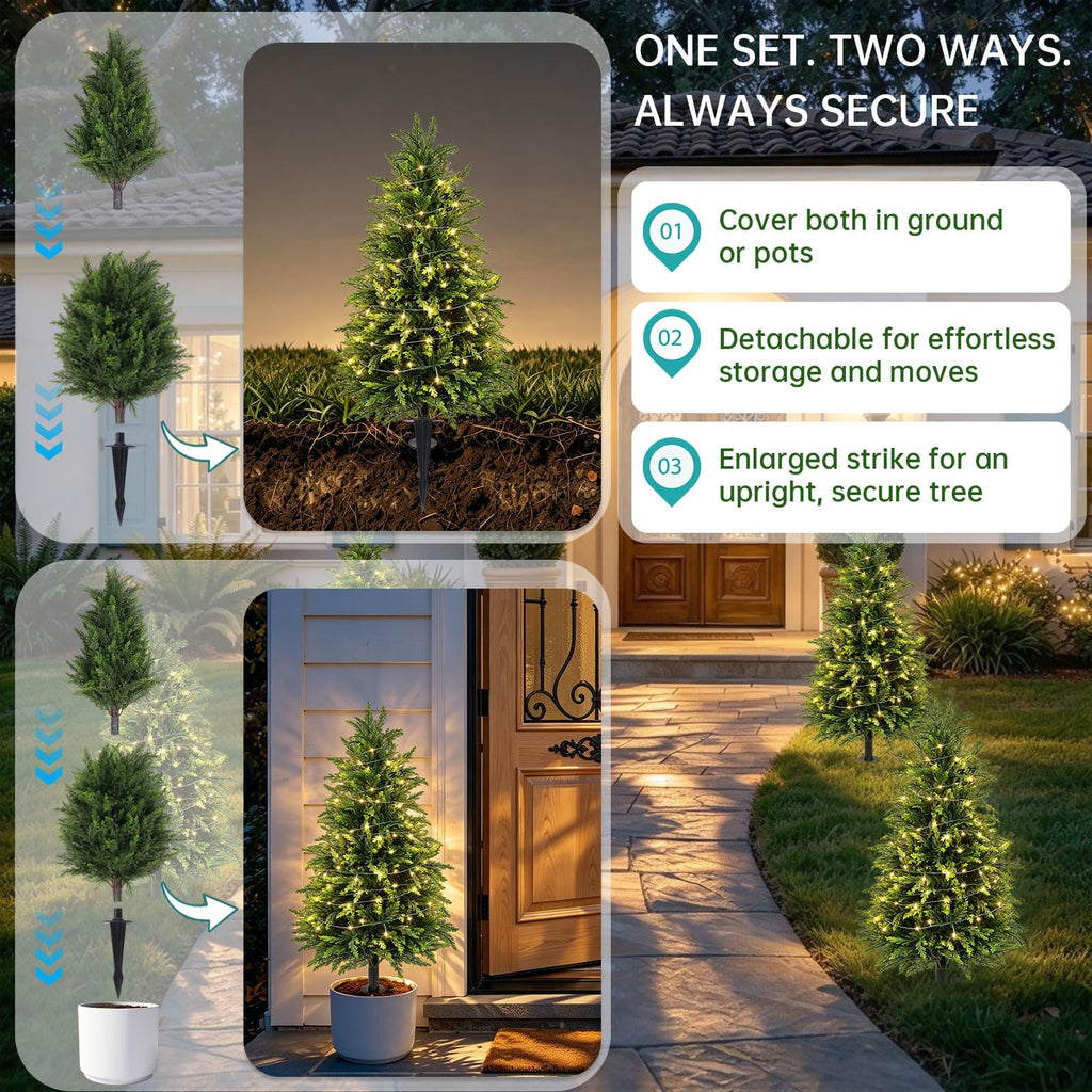 3FT Artificial Cedar Topiary (2 Pack) with Ground Spike, Home & Garden Decor