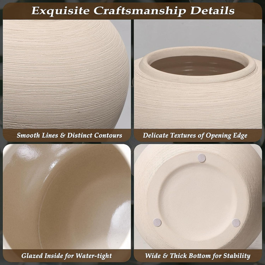 Ceramic Flower Vase Round Textured Vase,Farmhouse Vase(6" Tall, 7.7" Width) | Wide Round Terracotta Rustic Vases