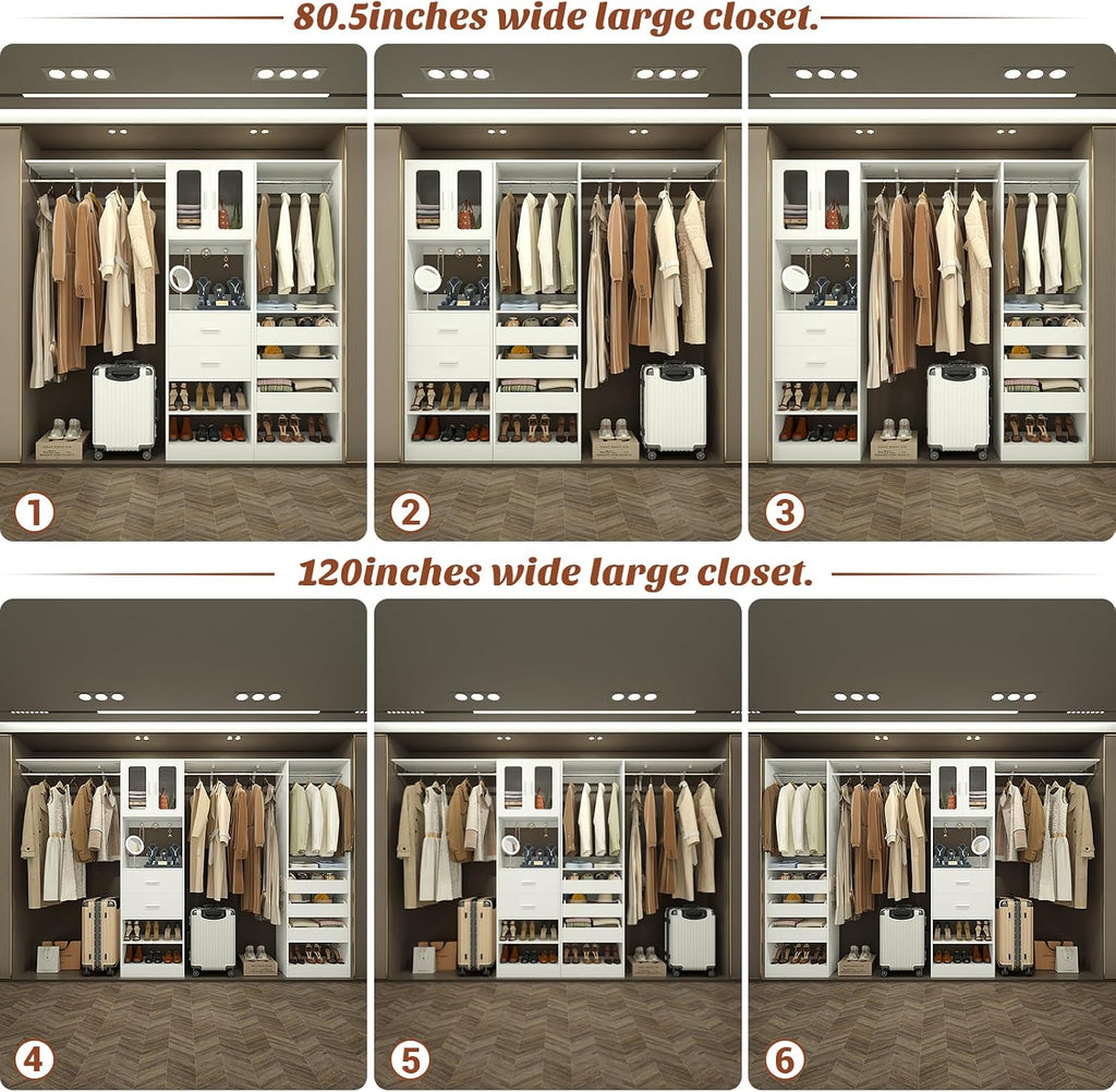 6.7FT-10FT Closet System Set with Half-Open Drawers, 80.5''-120" Wooden Modular Wardrobe Set with Shelving Towers