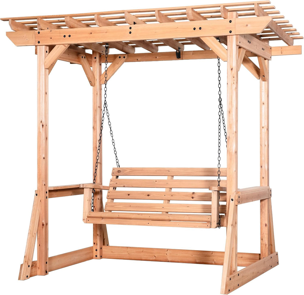 8' x 5' Cedar Wood Outdoor Patio Pergola Swing Bench with Trellis, Two-Person Seating, Chains