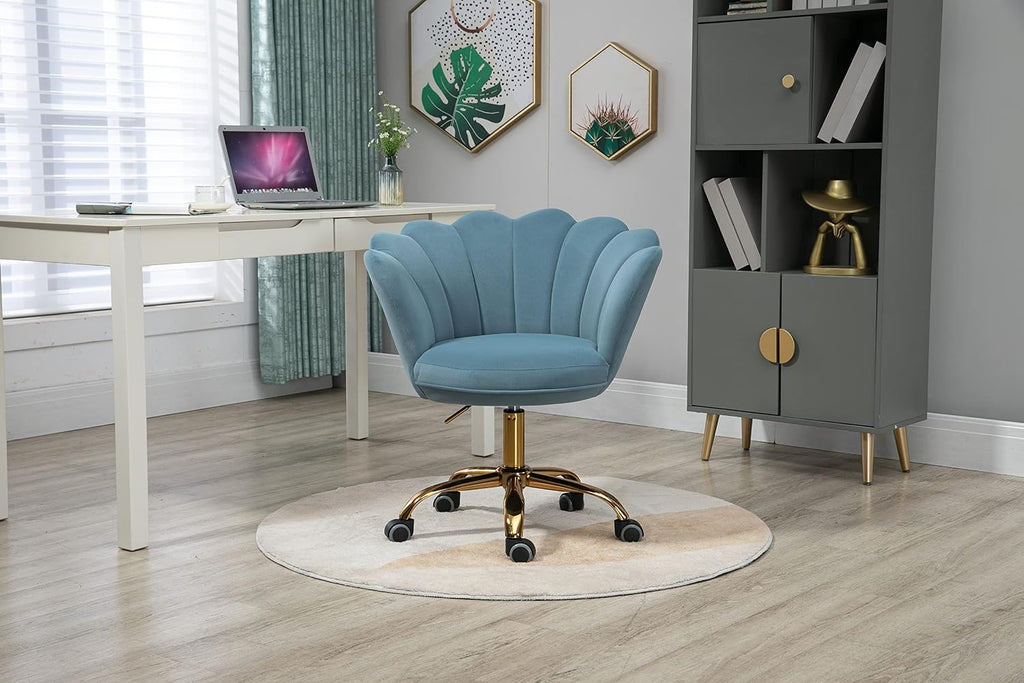 Comfy Home Office Task Chair with Wheels, Cute Modern Upholstered Velvet Seashell Back Adjustable Swivel Vanity Desk