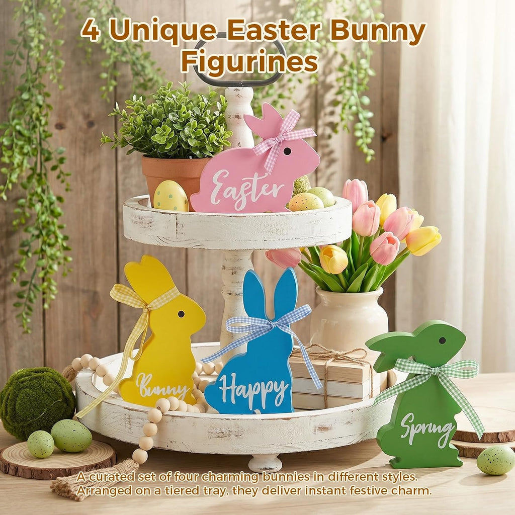 Easter Decor, Bunny Spring Easter Decorations Table, 5~6.4 Inches Wood Rabbit Easter Decorations Sign - Set of 4
