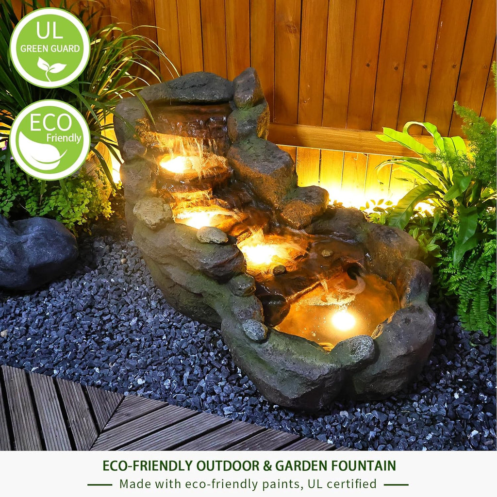 Garden Outdoor Water Fountain, 42.1" L Floor Standing Tiered Rock Outdoor Fountains with LED Lights and Pump