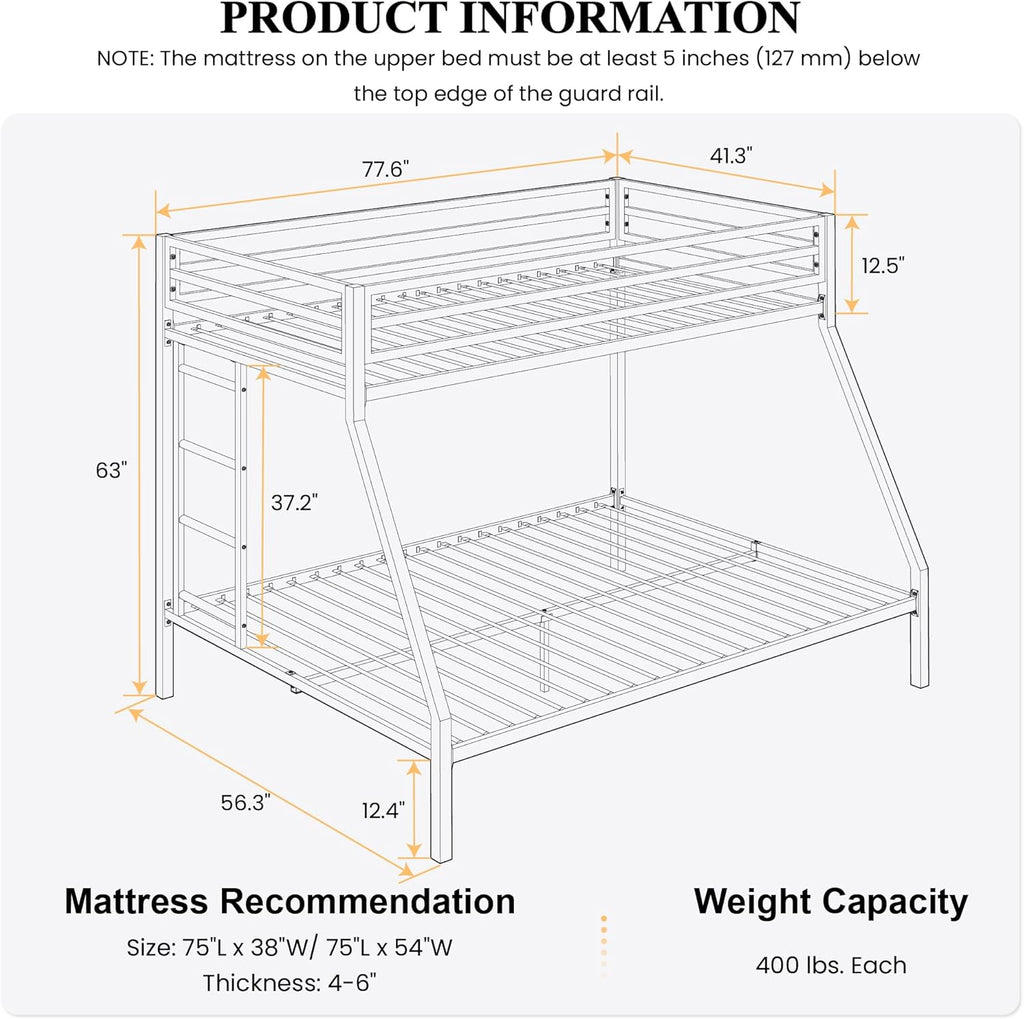 Loft Bunk Bed Twin Over Full with Ladder and Guardrail,Heavy Duty Metal Slats Support No Box Spring Needed Small Space
