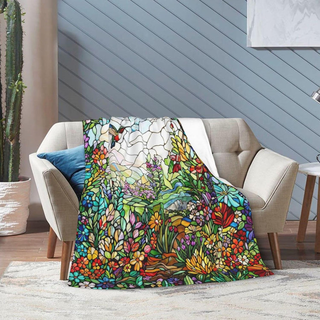Colorful Boho Wildflower Stained Glass Throw Blanket Super Soft Air Conditioning Flannel Blankets Cozy Warm Plush